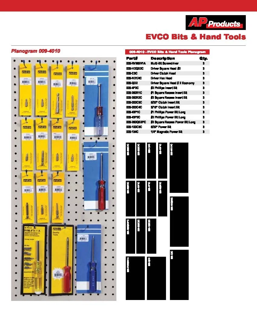 009-4010 – AP PRODUCTS Plan-O-Gram, EVCO Bits And Hand Tools With 3 Each Of 009-RVM5IN1A Multi-Bit Screwdriver/ 009-H...